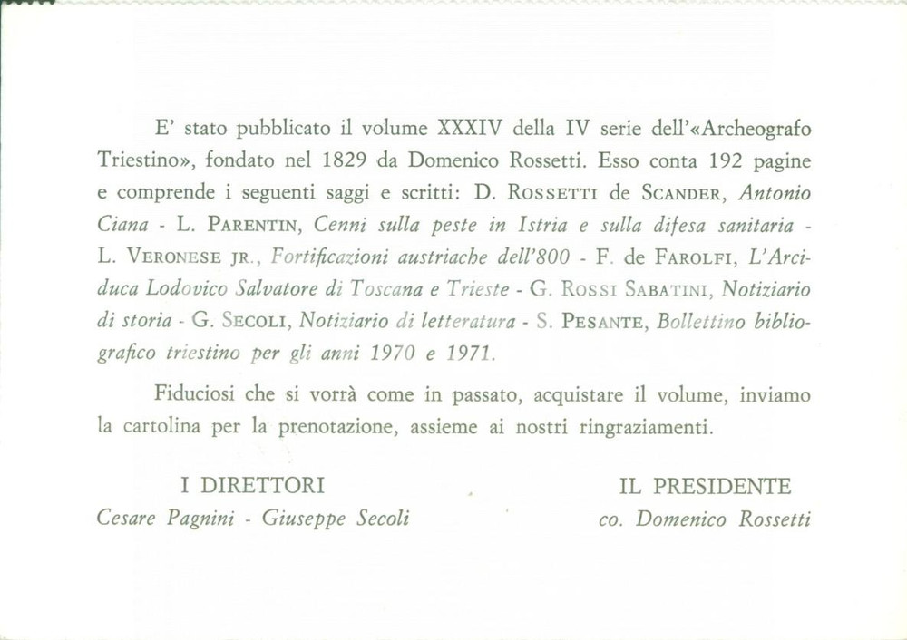 Cartolina originale da collezione 1974 TRIESTE Società di Minerva annuncia nuovo Archeografo Triestino Cartolina 1