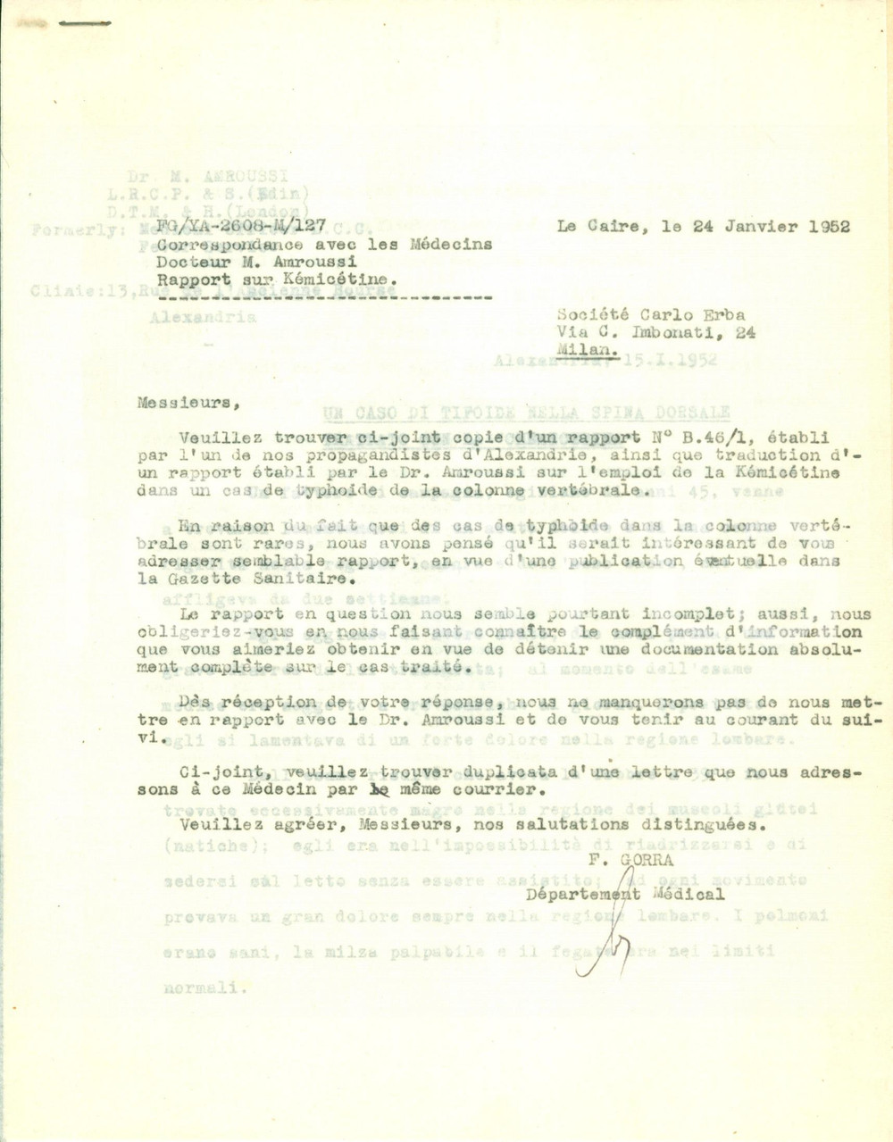 Manoscritto, lettera originale 1952 IL CAIRO Rapporto dr. AMROUSSI su chemicetina CARLO ERBA per spina dorsale 1