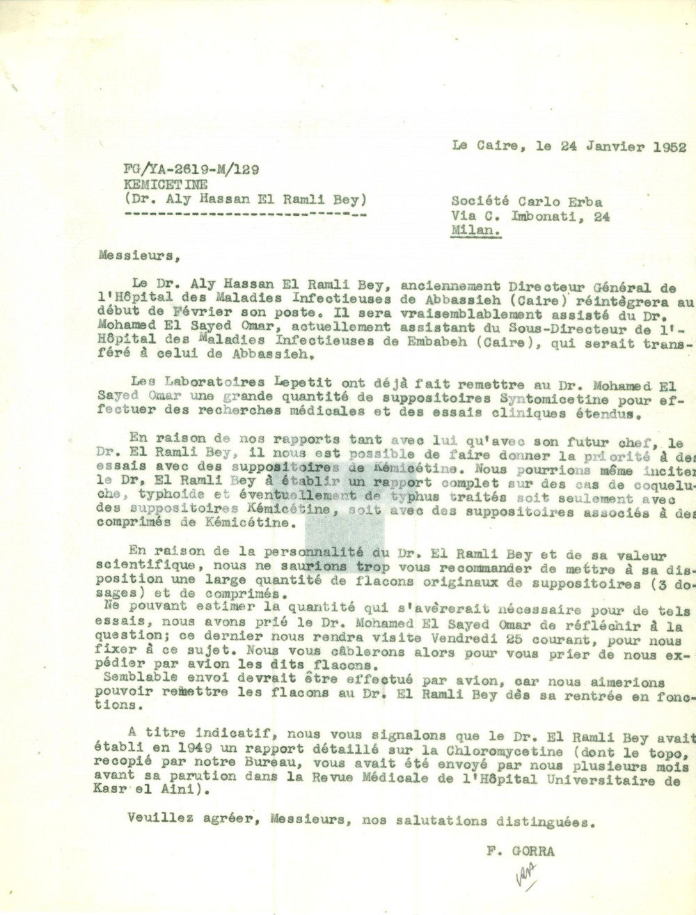 Manoscritto, lettera originale 1952 IL CAIRO Società CARLO ERBA invia farmaci a Aly Hassan EL RAMLI BEY 1