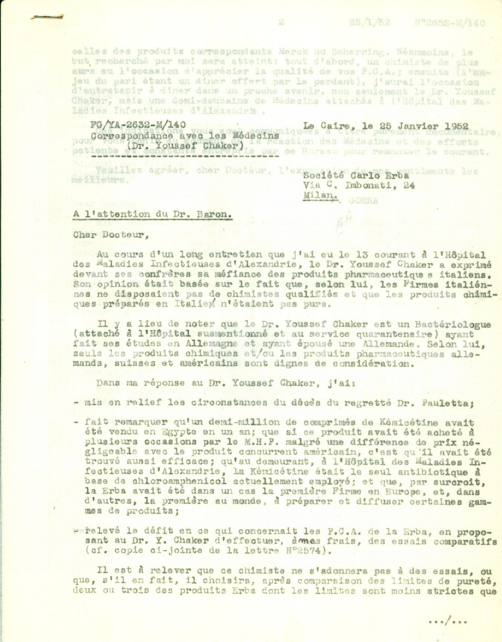 Manoscritto, lettera originale 1952 IL CAIRO Medico Youssef CHAKER non si fida di farmaci italiani CARLO ERBA 1