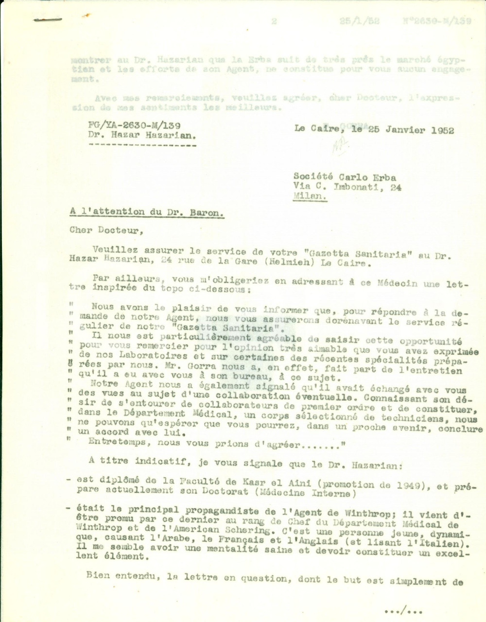 Manoscritto, lettera originale 1952 IL CAIRO Società CARLO ERBA invia Gazzetta Sanitaria a dr. Hazar HAZARIAN 1
