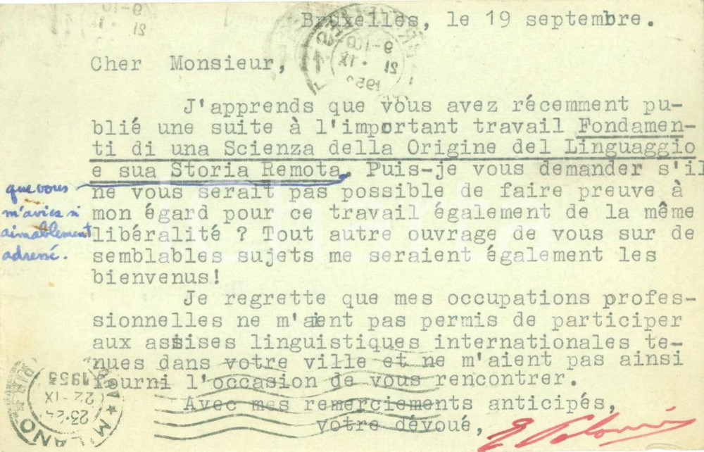 Autografo originale 1953 BRUXELLES Edgar Charles POLOME  richiede opere di linguistica AUTOGRAFO 1