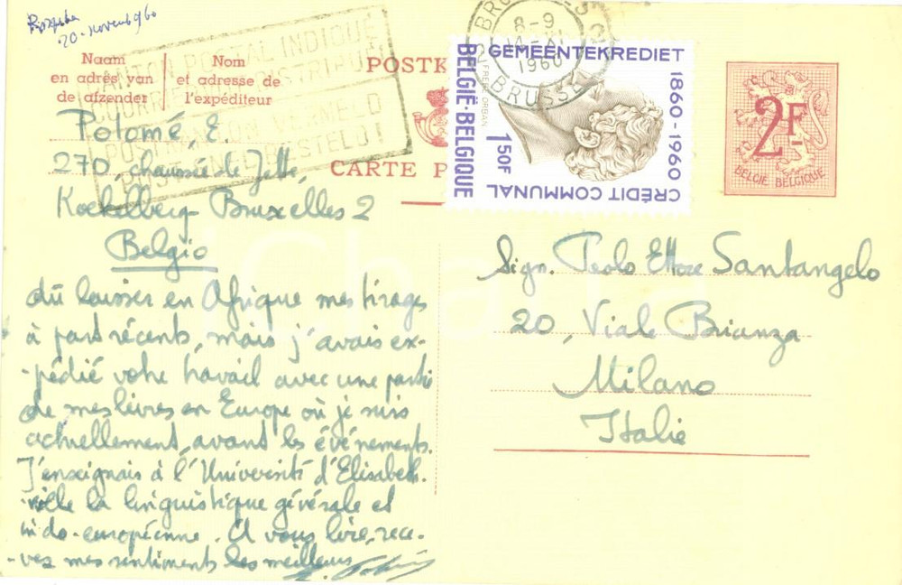 Autografo originale 1960 BRUXELLES Linguista Edgar POLOME  lascia CONGO BELGA dopo tumulti AUTOGRAFO 1