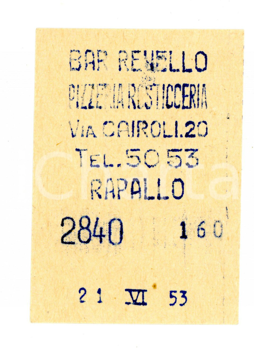Materiale pubblicitario d’epoca 1953 RAPALLO GE Bar REVELLO Pizzeria rosticceria Scontrino 1