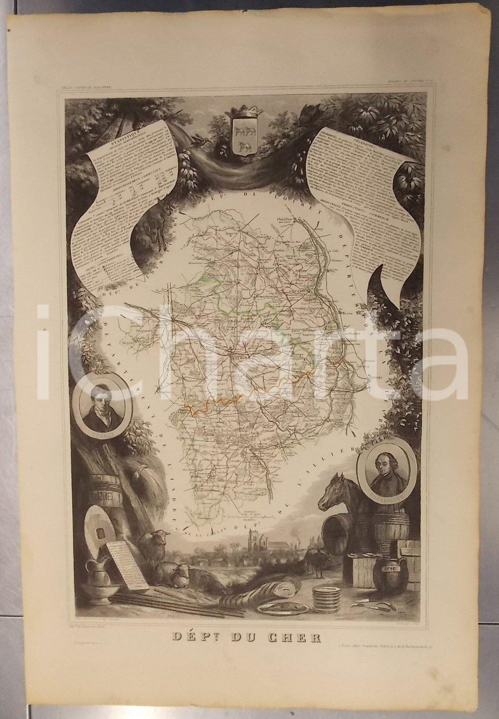 Stampa, bozzetto originale 1861 PARIS Atlas National de la France illustré  Département  du CHER n° 17 1