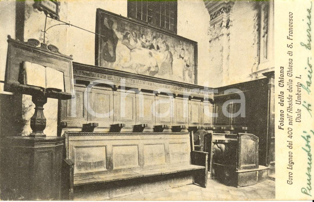 Cartolina originale da collezione 1946 FOIANO DELLA CHIANA AR Coro ligneo nell abside chiesa di San FRANCESCO 1