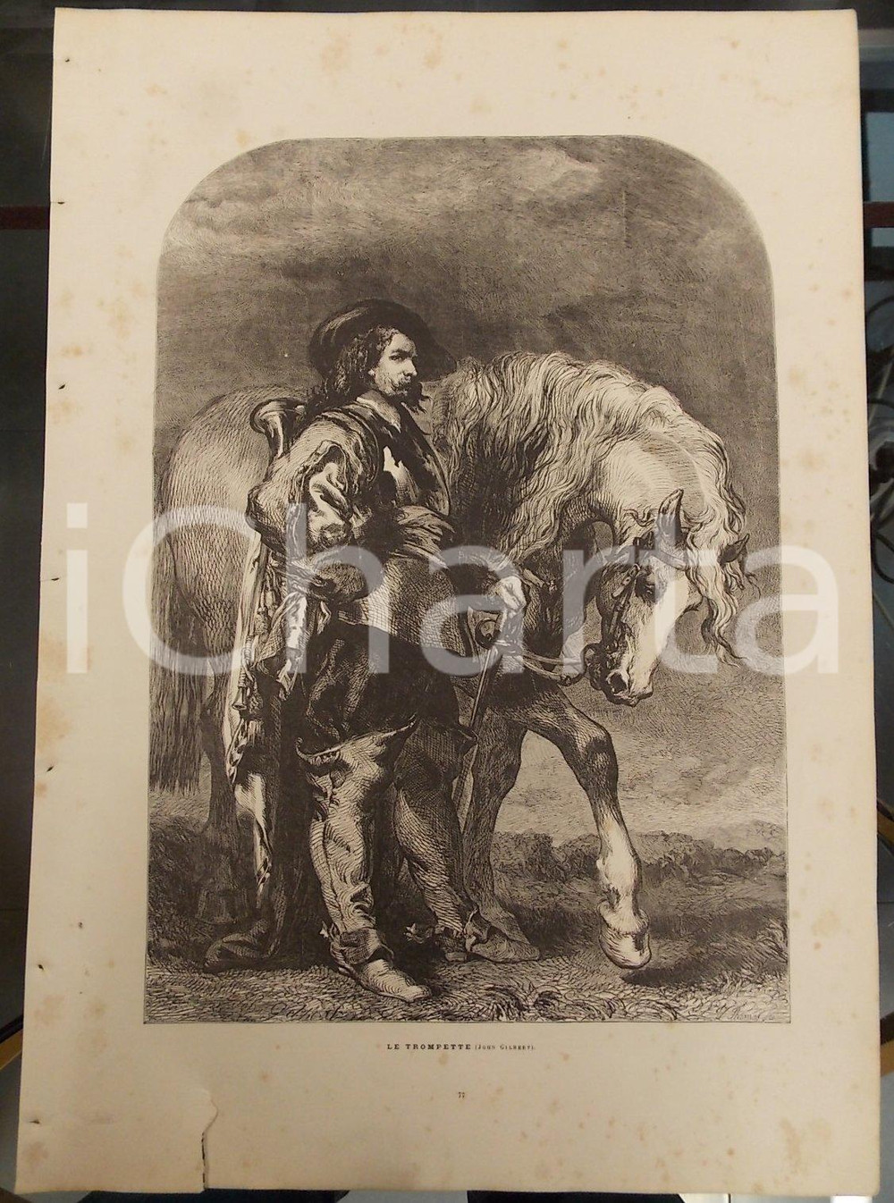 Stampa, bozzetto originale 1886 LES MERVEILLES DE L'ART MODERNE John GILBERT Le trompette *Stampa d'epoca 1