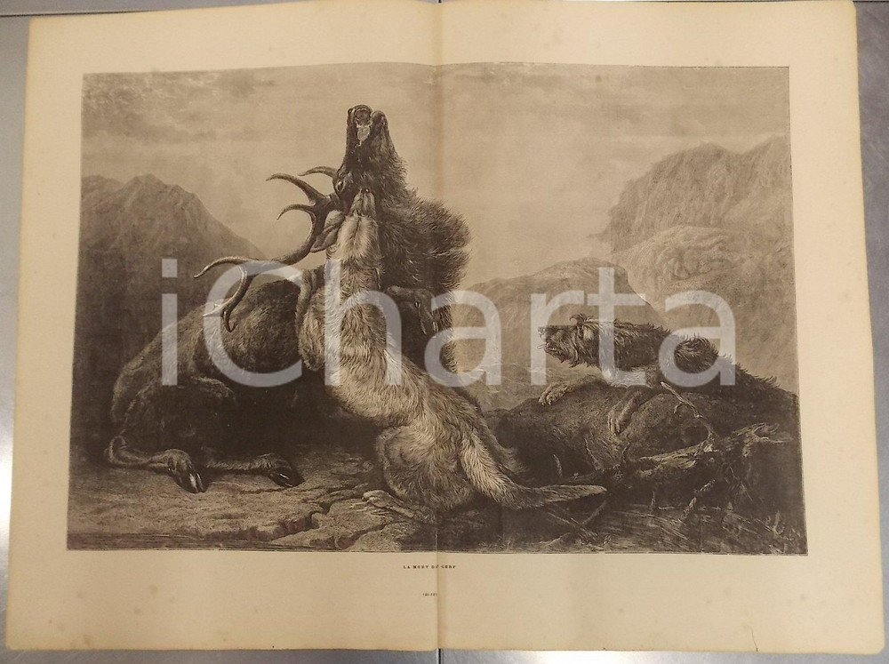 Stampa, bozzetto originale 1886 LES MERVEILLES DE L'ART MODERNE La mort du cerf *Stampa d'epoca 1