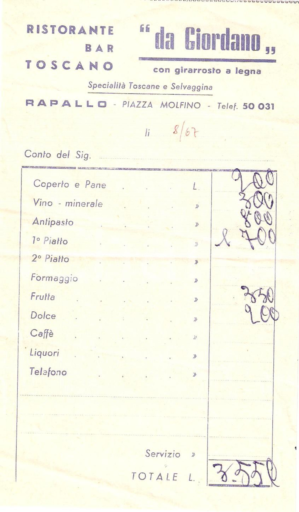 Materiale pubblicitario d’epoca 1967 RAPALLO GE Ristorante toscano da Giordano con girarrosto Ricevuta 1