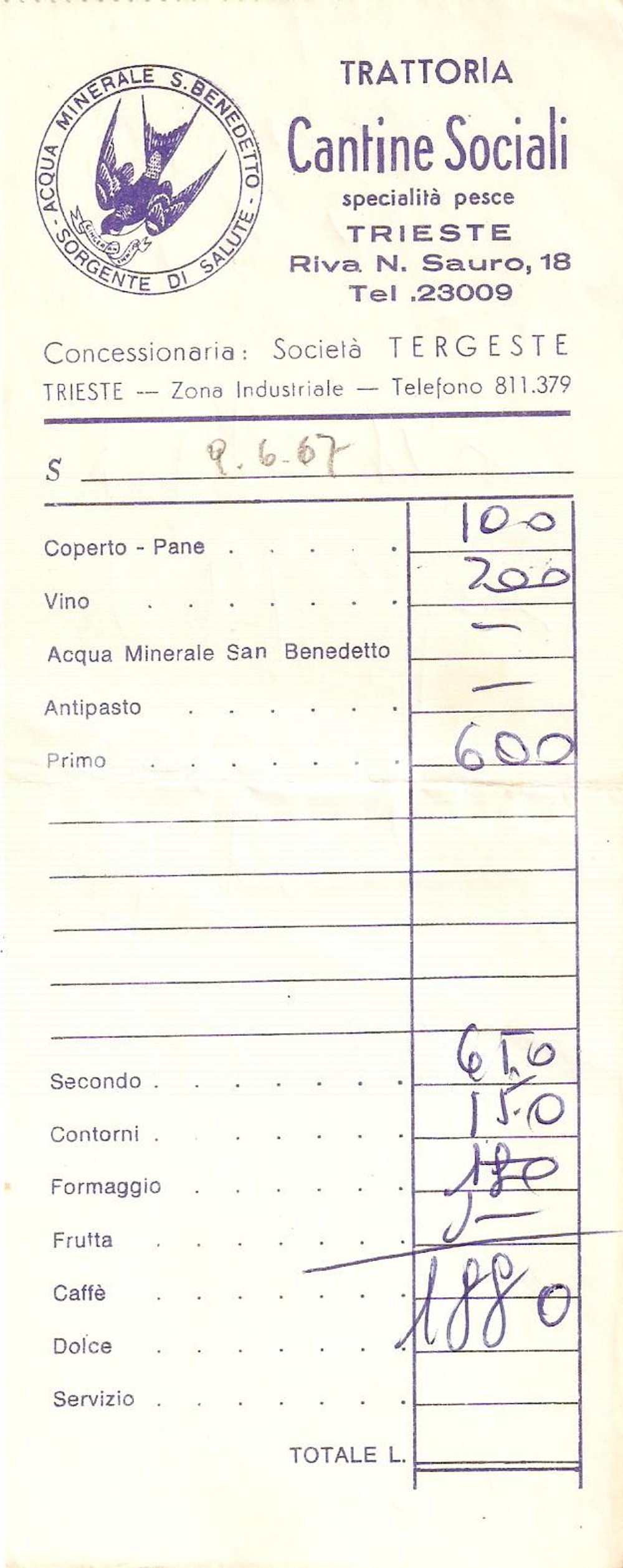 Materiale pubblicitario d’epoca 1967 TRIESTE Trattoria CANTINE SOCIALI SocietÃ  TERGESTE Acqua SAN BENEDETTO 1
