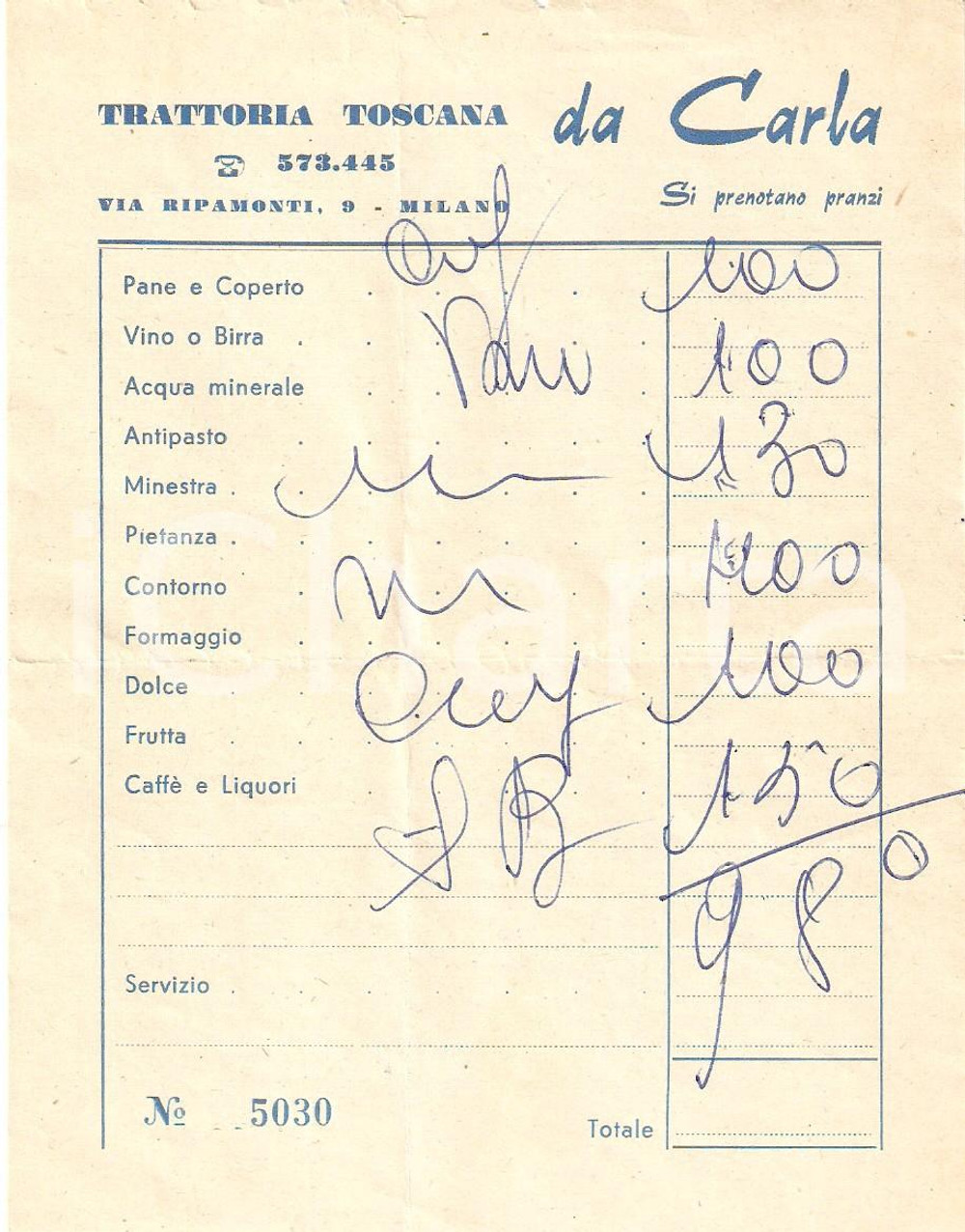 Materiale pubblicitario d’epoca 1965 circa MILANO Trattoria toscana da Carla Ricevuta 1