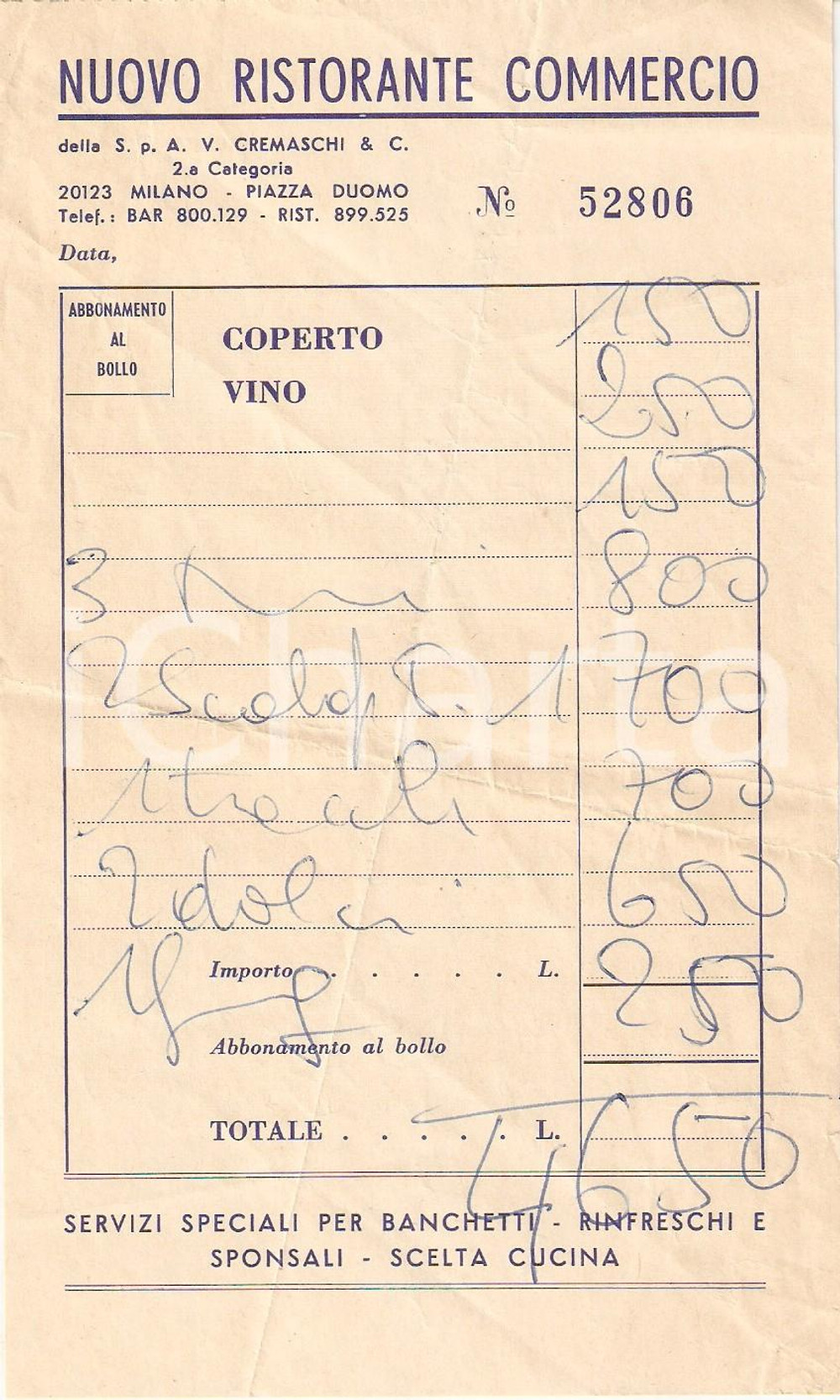 Materiale pubblicitario d’epoca 1965 ca MILANO Nuovo Ristorante Commercio SocietÃ  CREMASCHI & C. Ricevuta 1