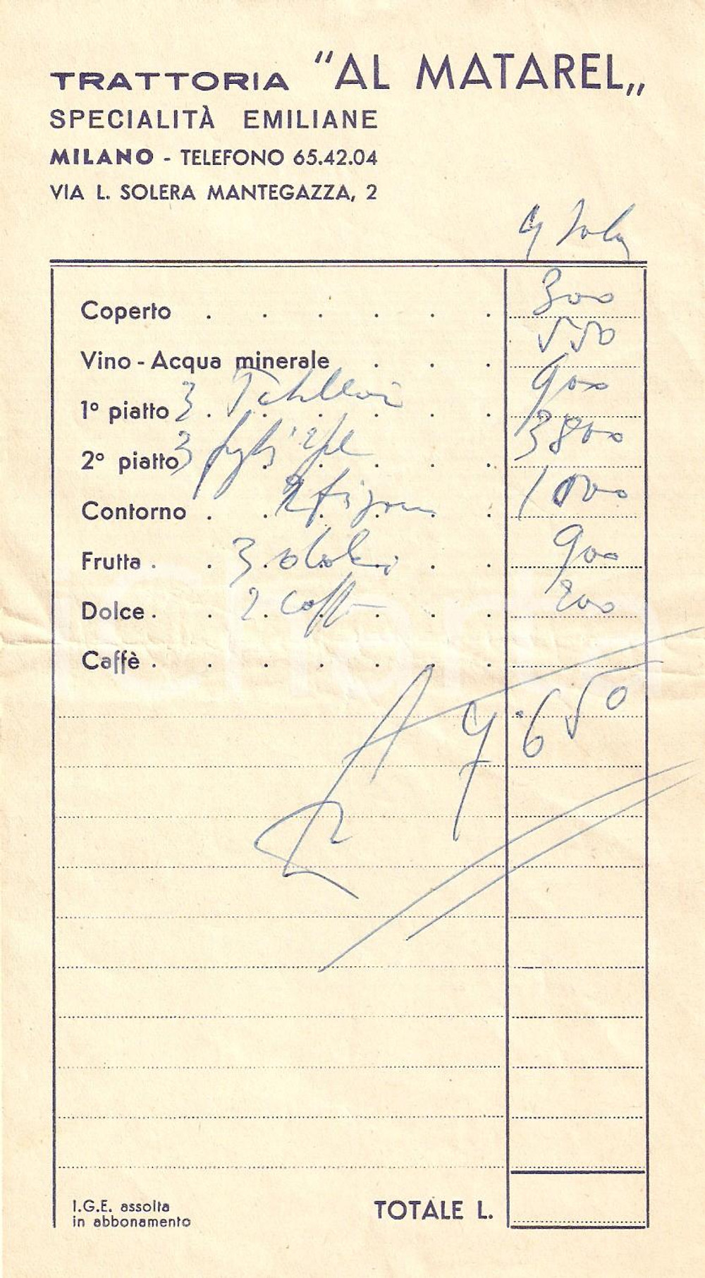 Materiale pubblicitario d’epoca 1965 ca MILANO Trattoria AL MATAREL Specialità emiliane Ricevuta 1