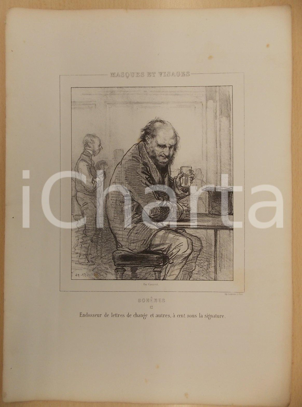 Stampa, bozzetto originale 1853 Paul GAVARNI Masques et visages Bohèmes  Tav. 12 Endosseur à cent sous 1