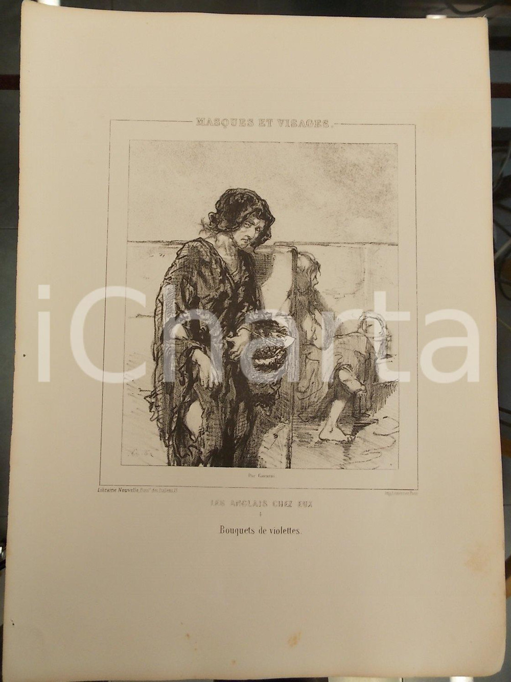 Stampa, bozzetto originale 1853 Paul GAVARNI Masques et visages  Les Anglais chez eux Tav. 4 Violettes 1