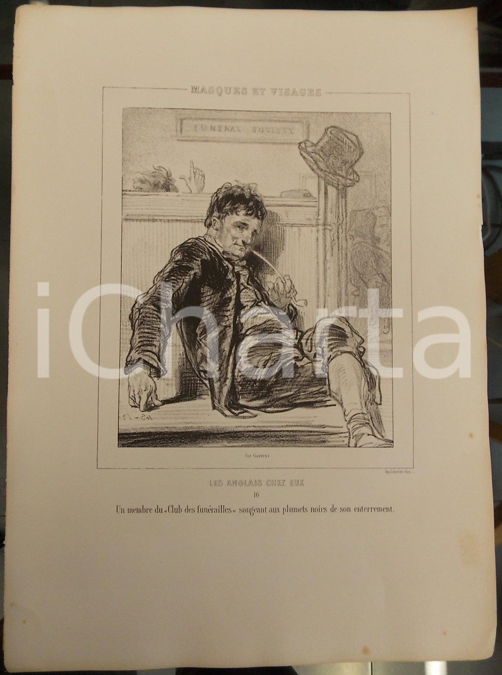 Stampa, bozzetto originale 1853 Paul GAVARNI Masques et visages Les Anglais chez eux Tav.16 Club funéraille 1