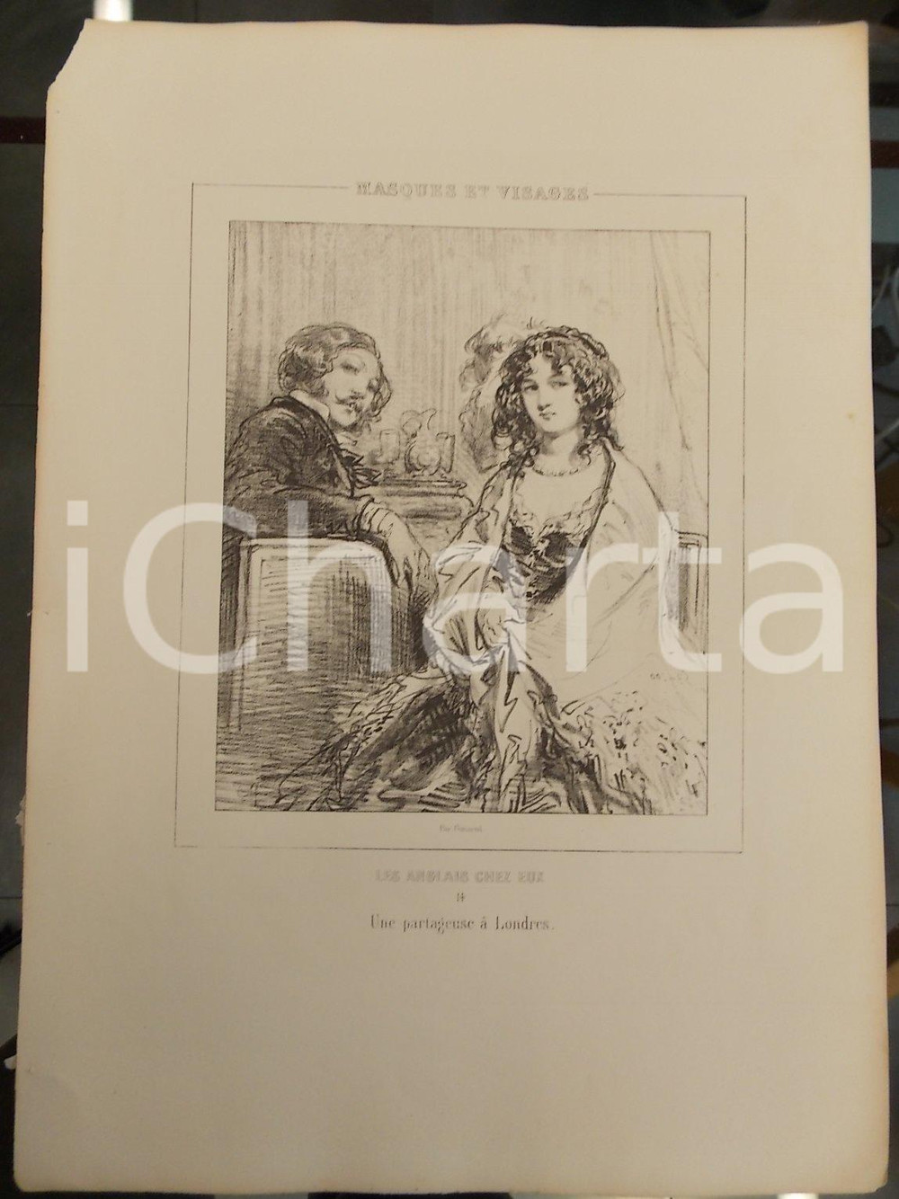 Stampa, bozzetto originale 1853 Paul GAVARNI Masques et visages Les Anglais chez eux Tav. 14 Une partageuse 1