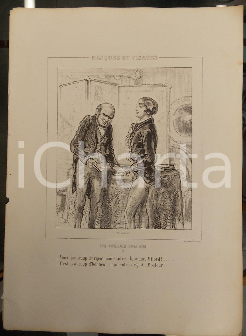 Stampa, bozzetto originale 1853 Paul GAVARNI Masques et visages  Les Anglais chez eux Tav. 13 L honneur 1