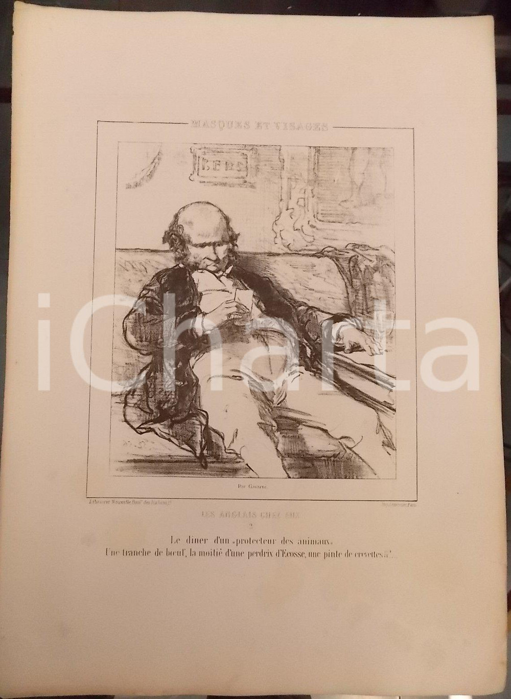 Stampa, bozzetto originale 1853 Paul GAVARNI Masques et visages  Les Anglais chez eux Tav. 2 Le diner 1