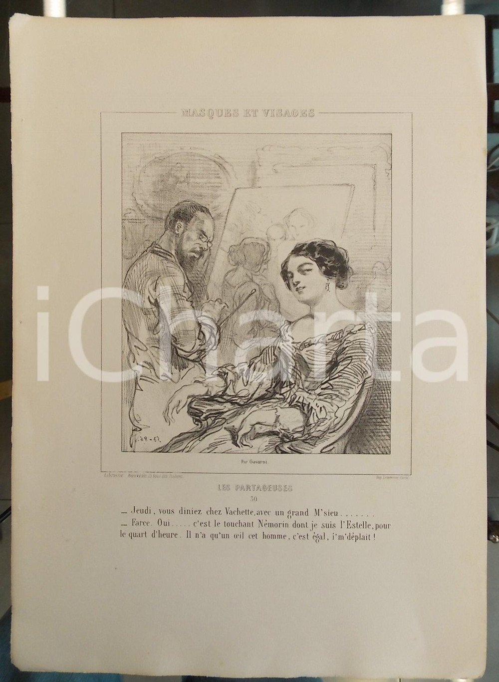 Stampa, bozzetto originale 1853 Paul GAVARNI Masques et visages  Les Partageuses n°30 Grand m sieu Némorin 1