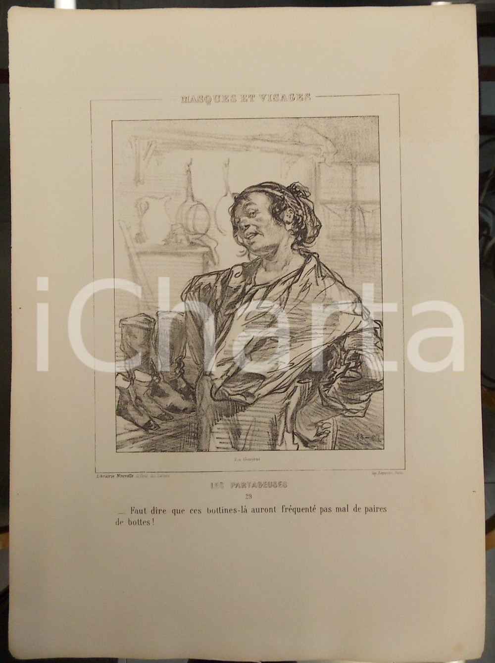 Stampa, bozzetto originale 1853 Paul GAVARNI Masques et visages  Les Partageuses n° 29 Bottines et bottes 1