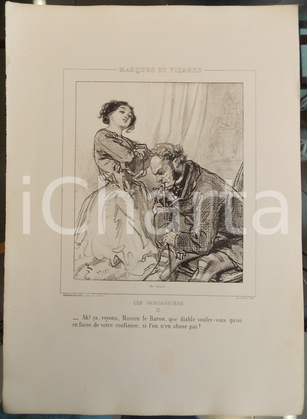 Stampa, bozzetto originale 1853 Paul GAVARNI Masques et visages  Les Partageuses n° 27 Confiance du Baron 1