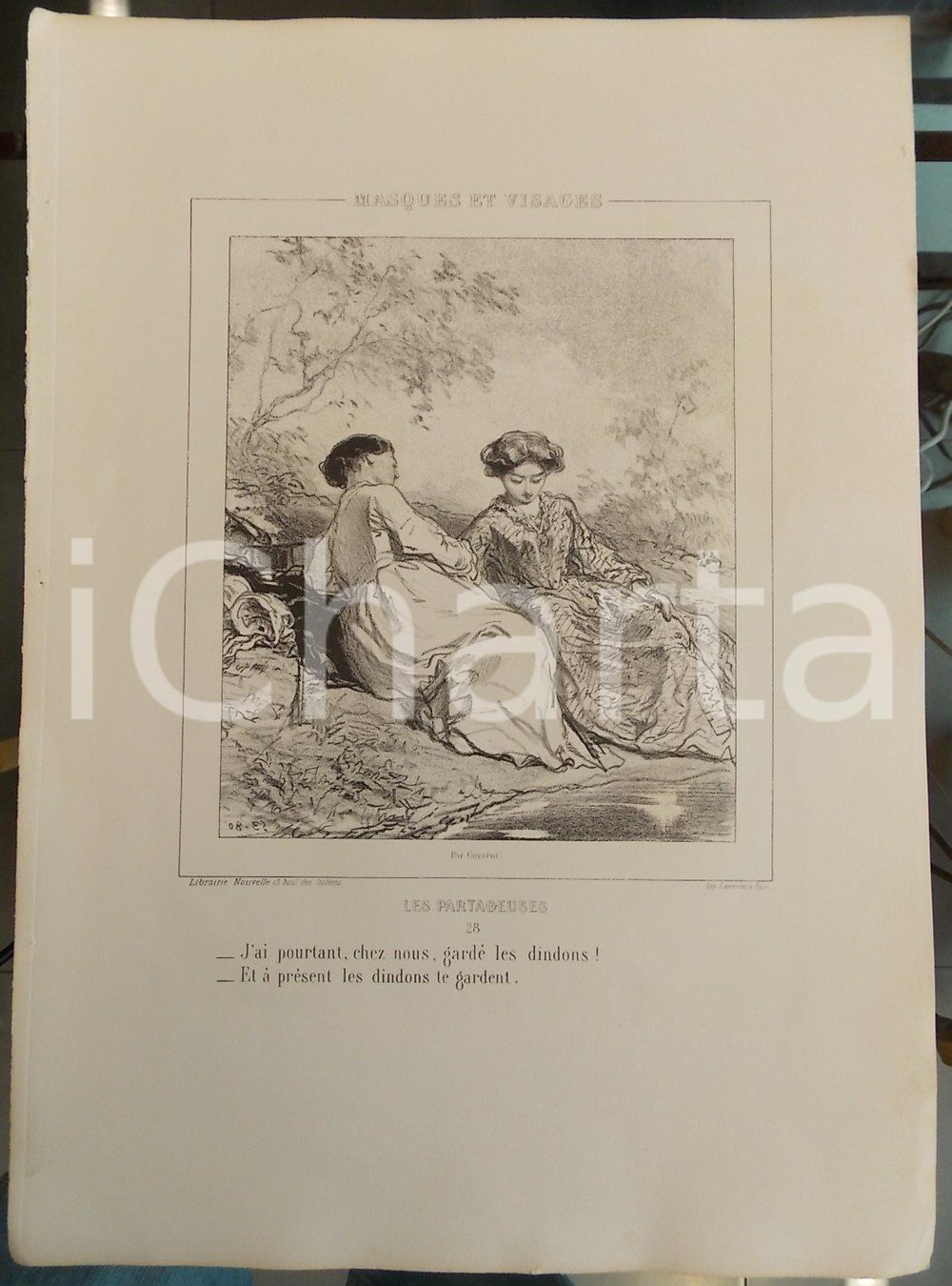 Stampa, bozzetto originale 1853 Paul GAVARNI Masques et visages  Les Partageuses n° 28 Garder les dindons 1