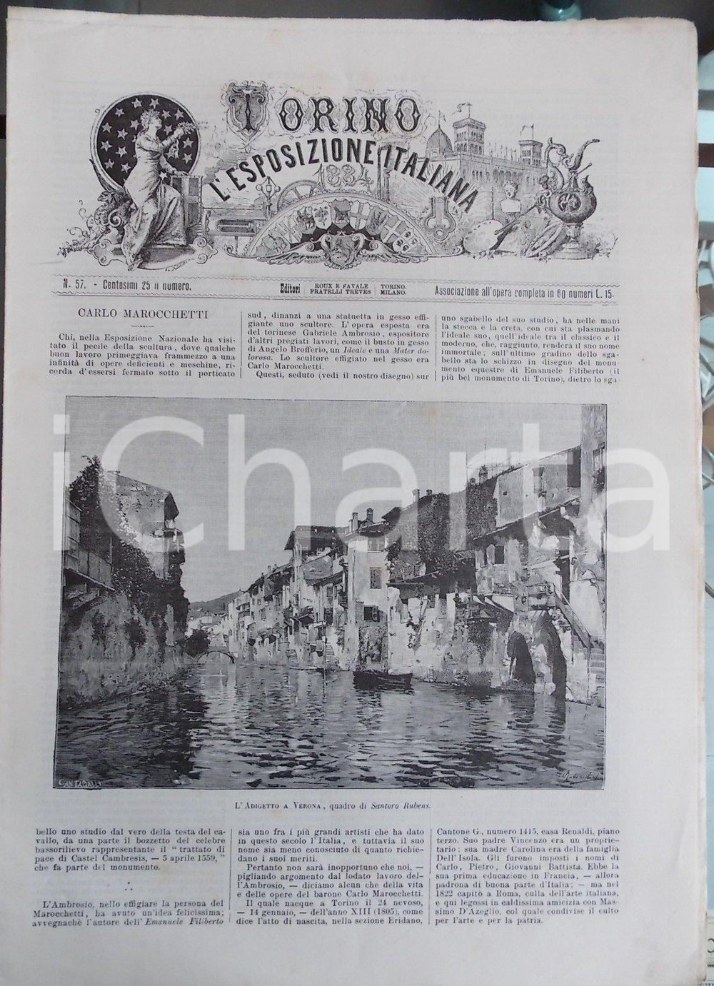 Giornale, rivista storica 1884 TORINO E L'ESPOSIZIONE ITALIANA n° 57 Lo scultore Carlo MAROCCHETTI 1
