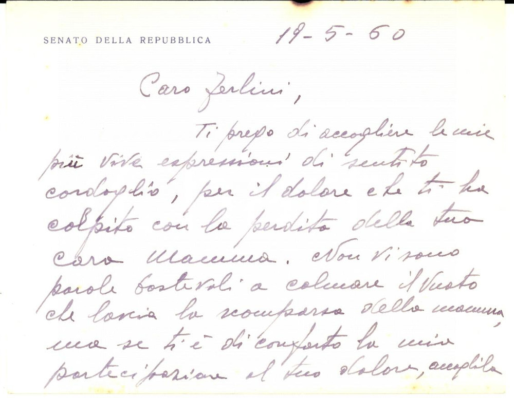 Autografo originale 1960 ROMA Biglietto sen. Carlo BOCCASSI con messaggio condoglianze AUTOGRAFO 1