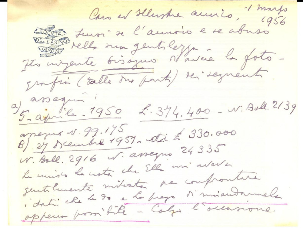 Autografo originale 1956 GENOVA Vittorio DORIA LAMBA chiede fotografie di assegni Autografo 1