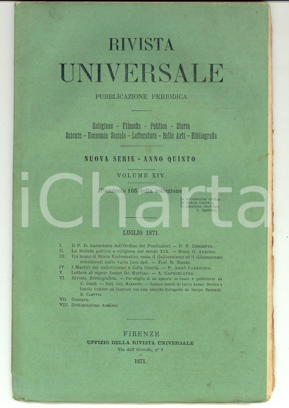 Giornale, rivista storica 1871 FIRENZE RIVISTA UNIVERSALE Martiri del cattolicesimo *Anno V n°105 1