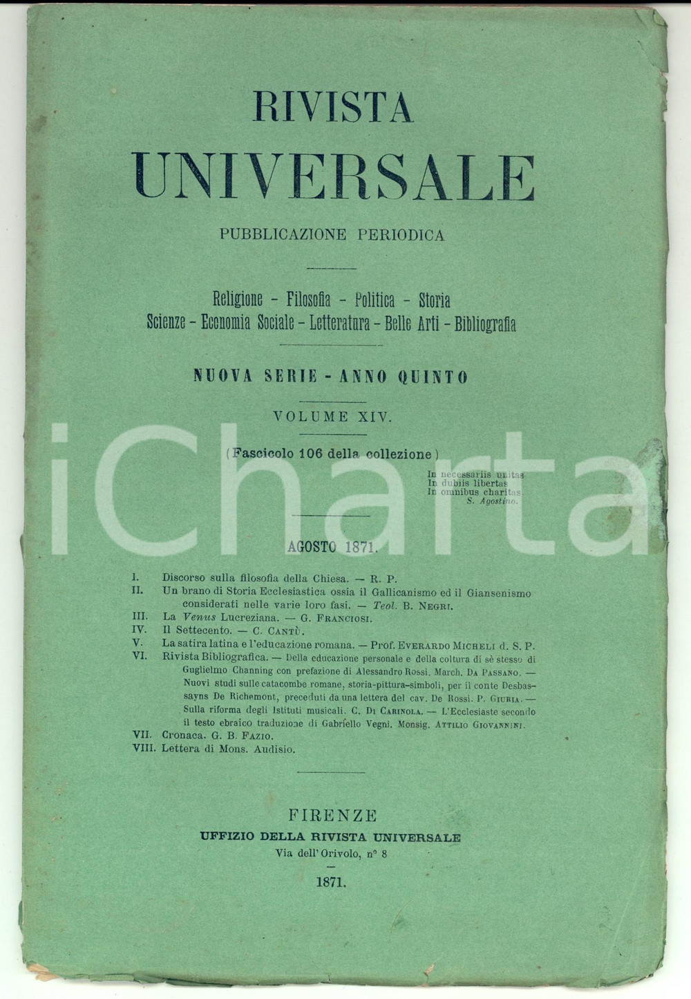 Giornale, rivista storica 1871 FIRENZE RIVISTA UNIVERSALE Satira latina ed educazione romana *Anno V n°106 1