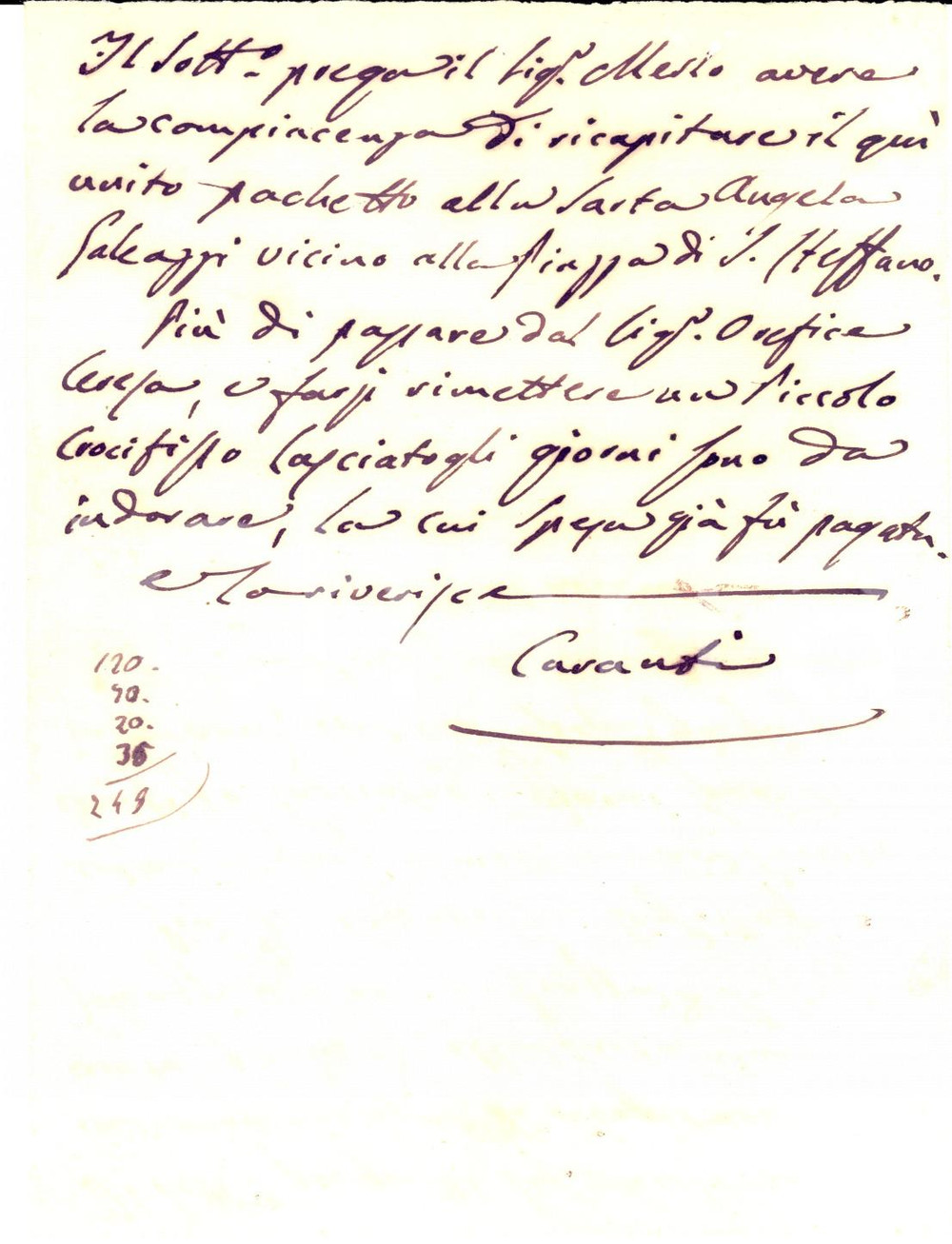 Documento originale, autentico 1840 ca ALESSANDRIA Onorato CARANTI ritira un crocifisso indorato Manoscritto 1