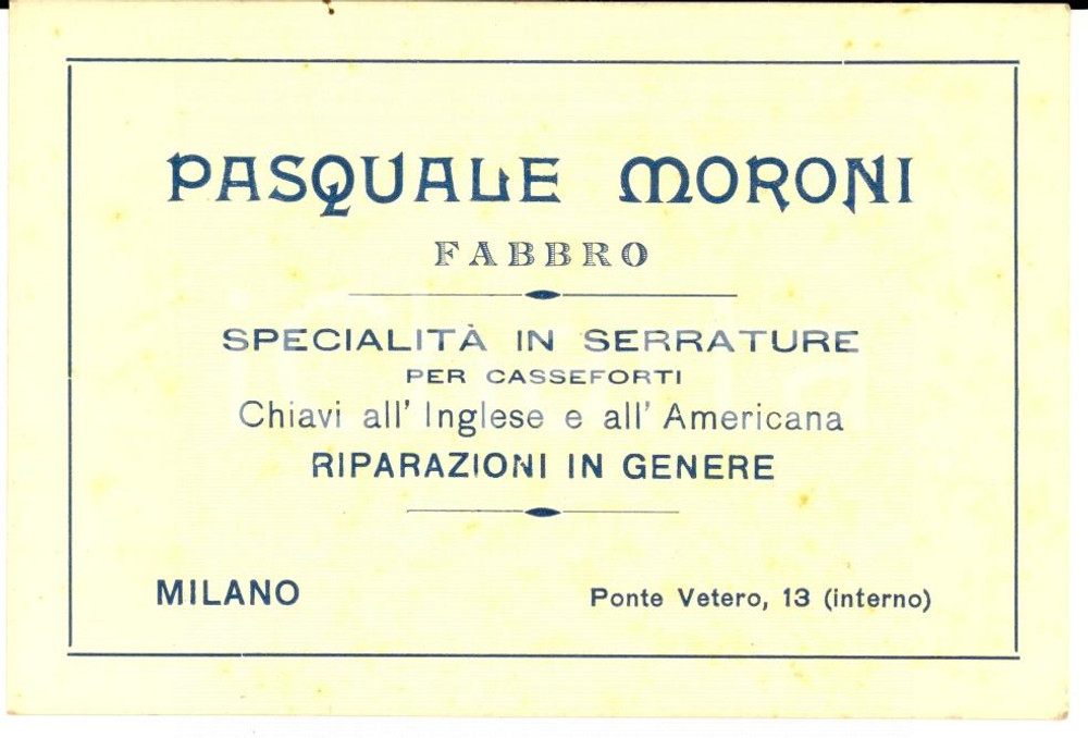 Cartolina originale da collezione 1920 ca MILANO Pasquale MORONI fabbro - Serrature casseforti *Cartoncino 1