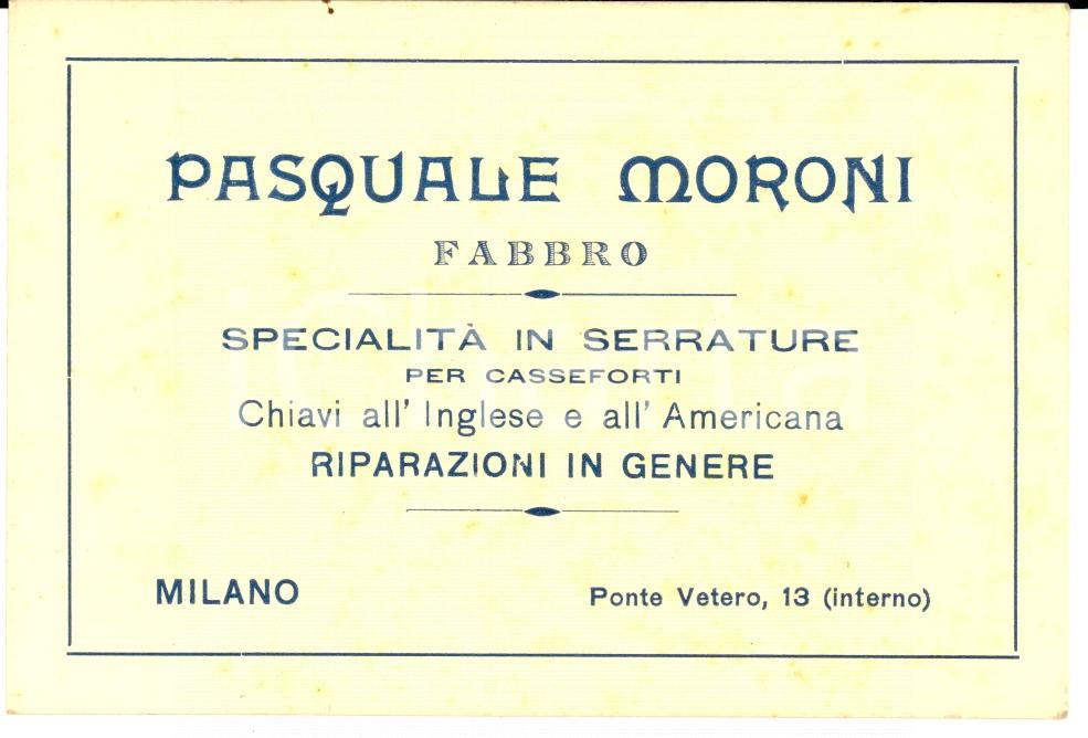 Cartolina originale da collezione 1920 ca MILANO Pasquale MORONI fabbro  Serrature casseforti Cartoncino 1