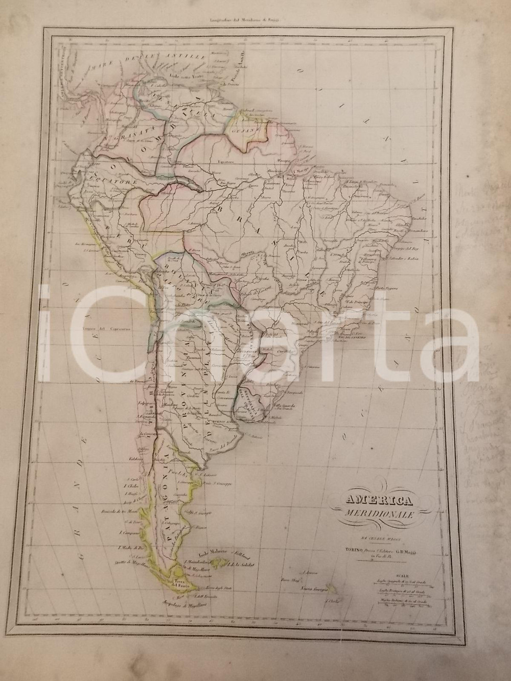 Stampa, bozzetto originale 1865 ca TORINO Atlante universale  AMERICA MERIDIONALE Ed. MAGGI 1