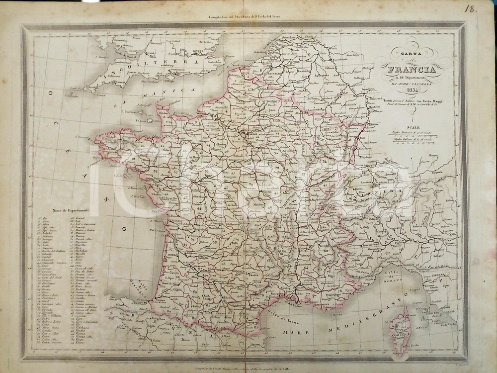 Stampa, bozzetto originale 1865 ca TORINO Atlante universale  Carta della Francia Ed. MAGGI DANNEGGIATA 1