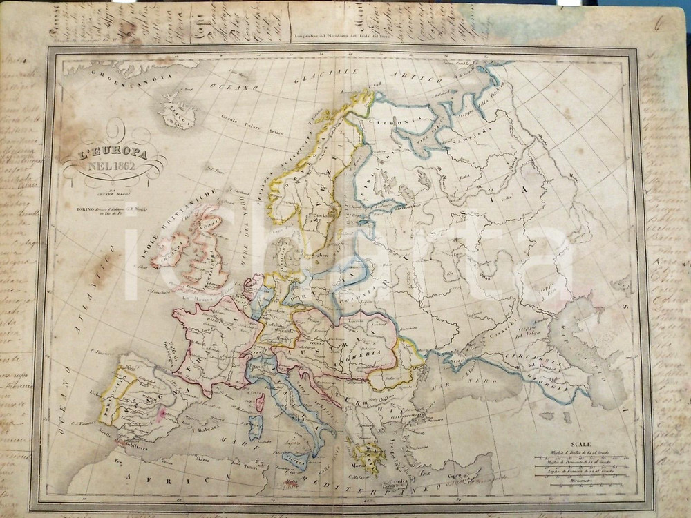 Stampa, bozzetto originale 1865 ca TORINO Atlante universale  Carta dell Europa nel 1862 Ed. MAGGI 1