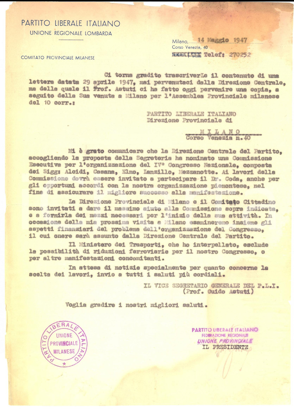Manoscritto, lettera originale 1947 PARTITO LIBERALE ITALIANO  Unione Regionale LOMBARDA Lettera congresso 1