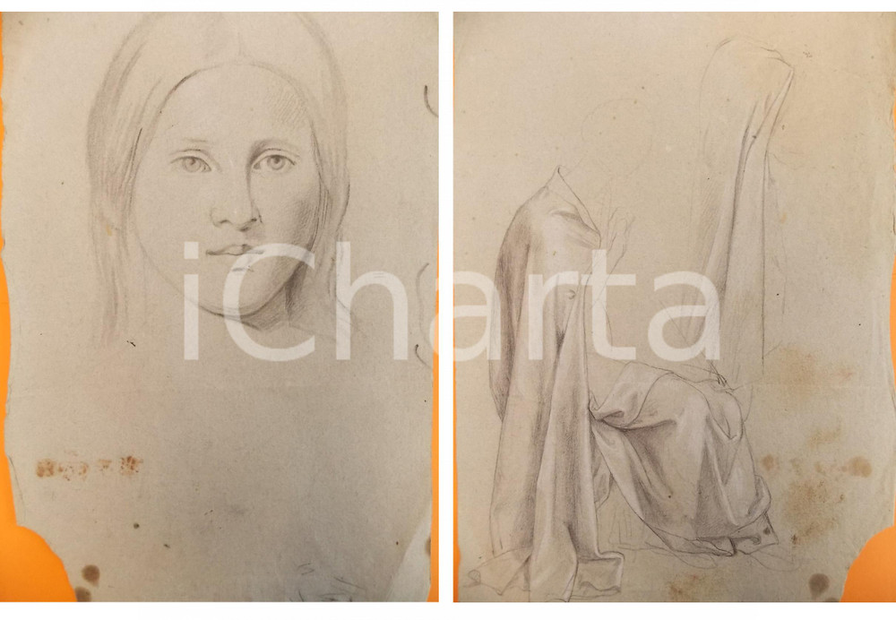 Stampa, bozzetto originale 1910 ca BIELLA Bozzetto di statua con volto di donna DISEGNO A MANO 27 x 40 1