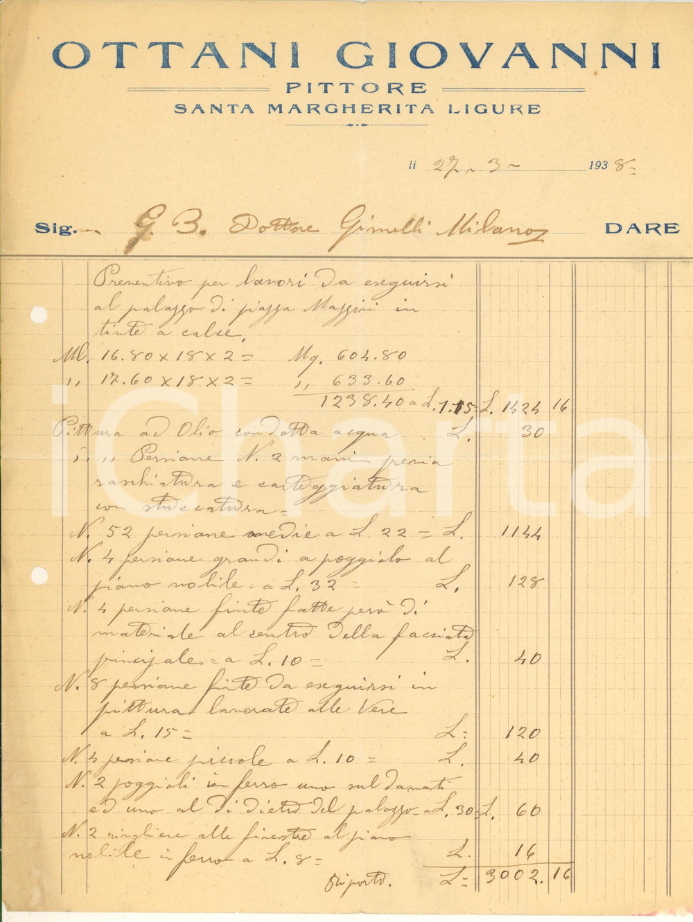 Documento originale, autentico 1938 SANTA MARGHERITA LIGURE GE Giovanni OTTANI pittore lavori su persiane 1
