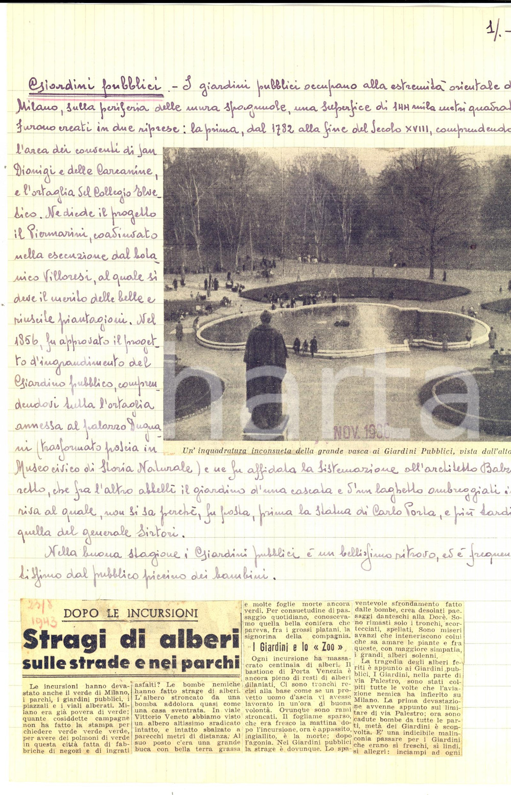 Oggetto da collezione cartaceo 1952 MILANO Parchi e macelli Fascicolo manoscritto per enciclopedia 28 pp. 1