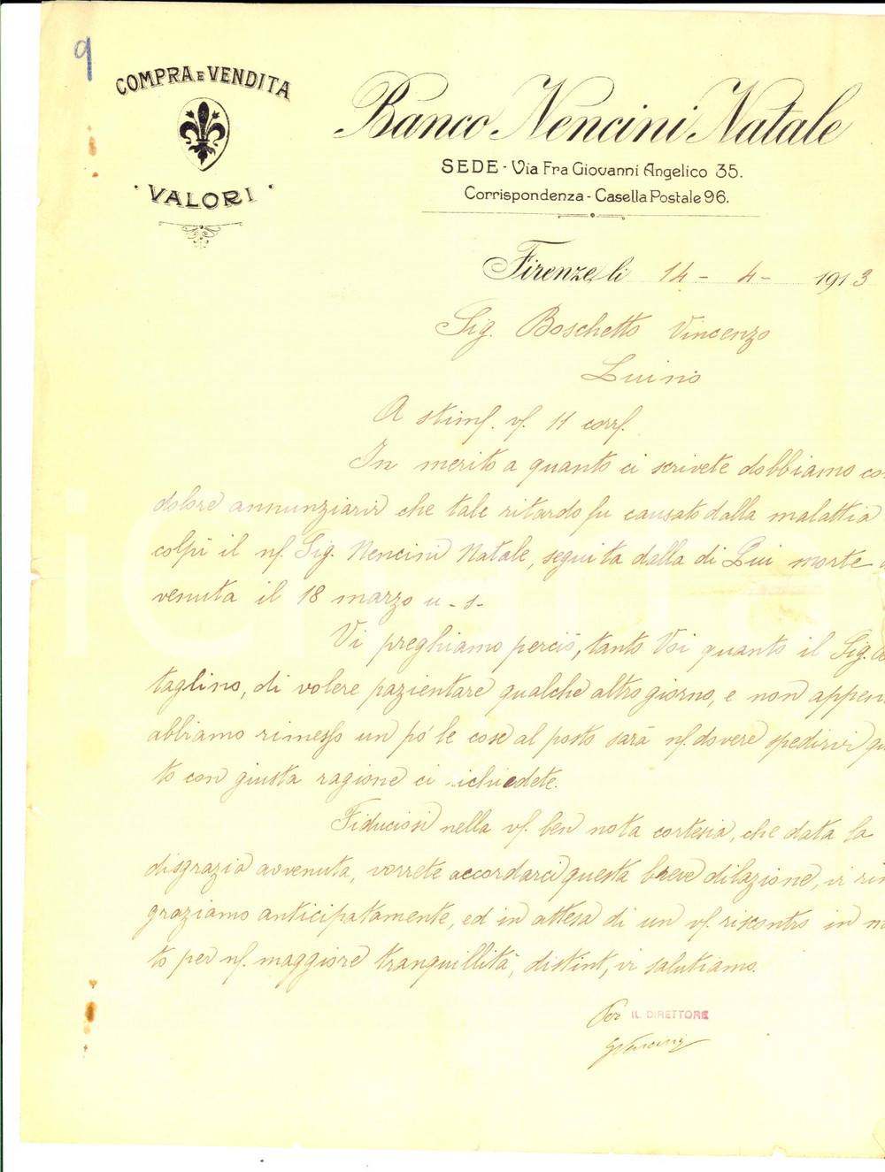 Documento originale, autentico 1913 FIRENZE Banco NENCINI NATALE si scusa dopo la morte del titolare *Lettera 1