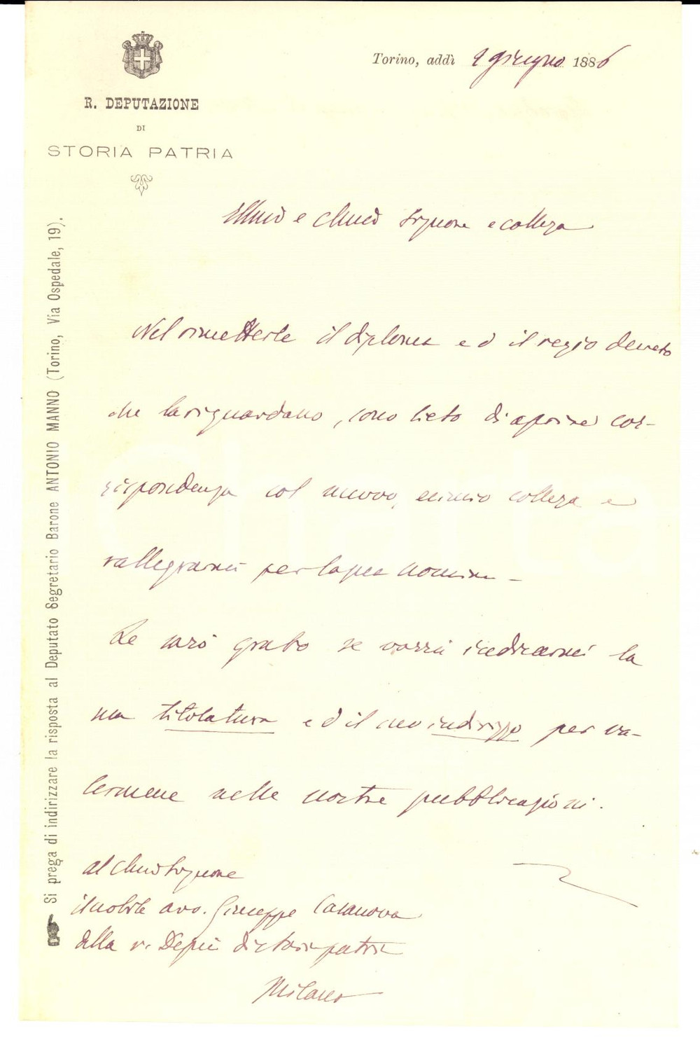 Autografo originale 1886 TORINO Lettera barone Antonio MANNO a Giuseppe CASANOVA *Autografo 1