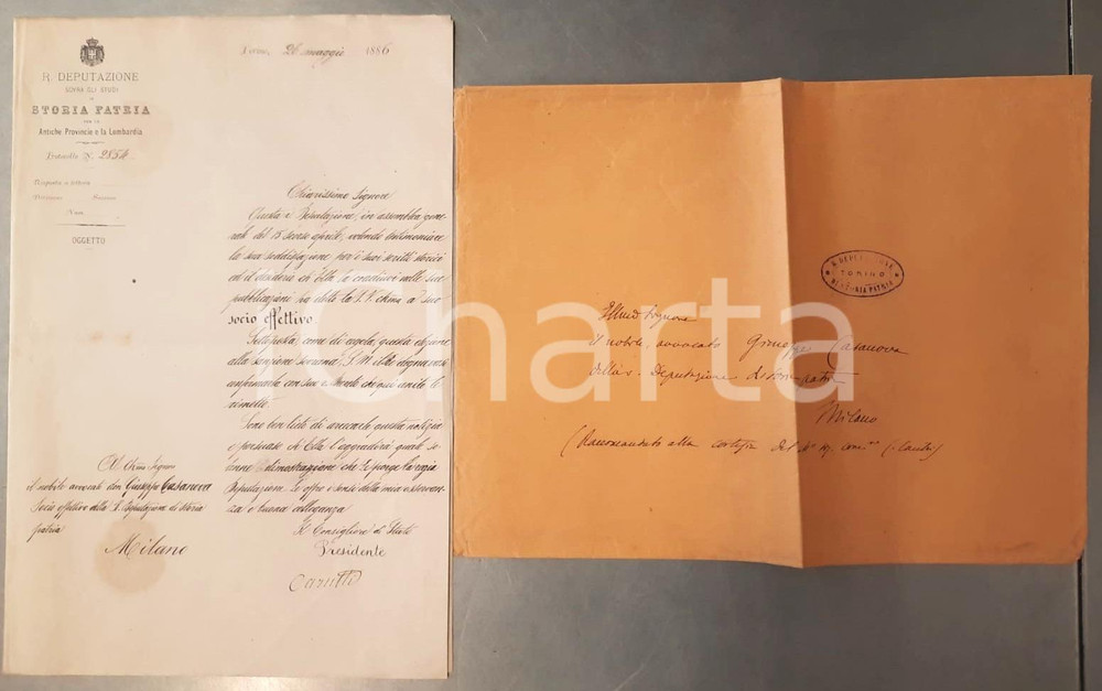 Documento originale, autentico 1886 TORINO Nomina Giuseppe CASANOVA socio Deputazione di Storia Patria 1