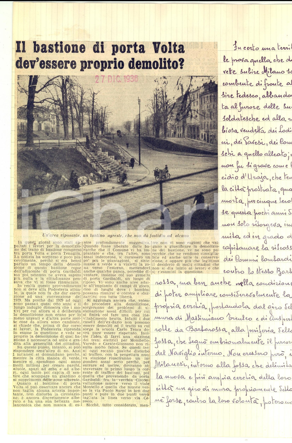 Oggetto da collezione cartaceo 1952 MILANO Bastioni e Naviglio Fascicolo manoscritto per enciclopedia 20 pp. 1