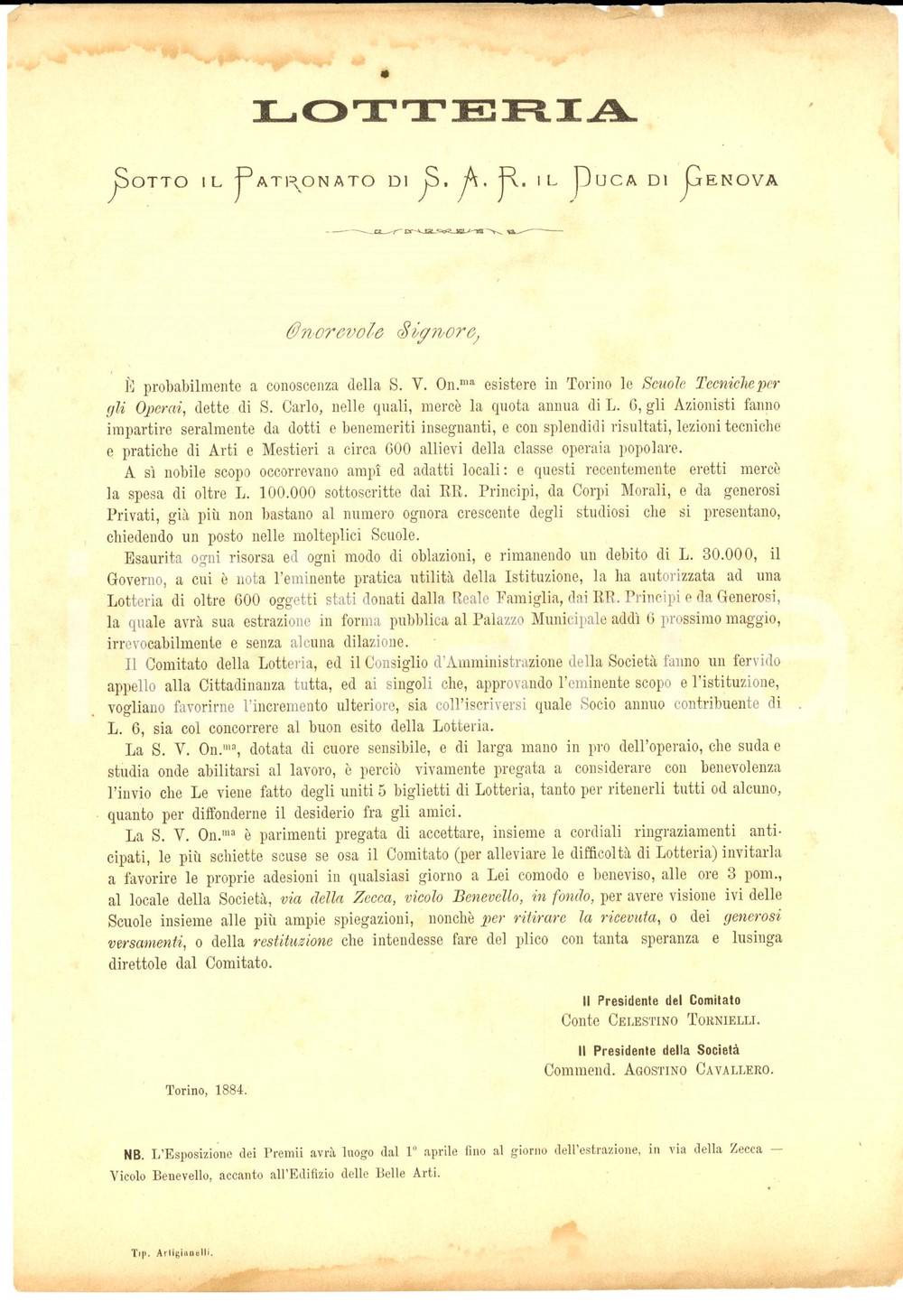 Documento originale, autentico 1884 TORINO Lotteria pro scuole tecniche SAN CARLO per gli operai Volantino 2 1
