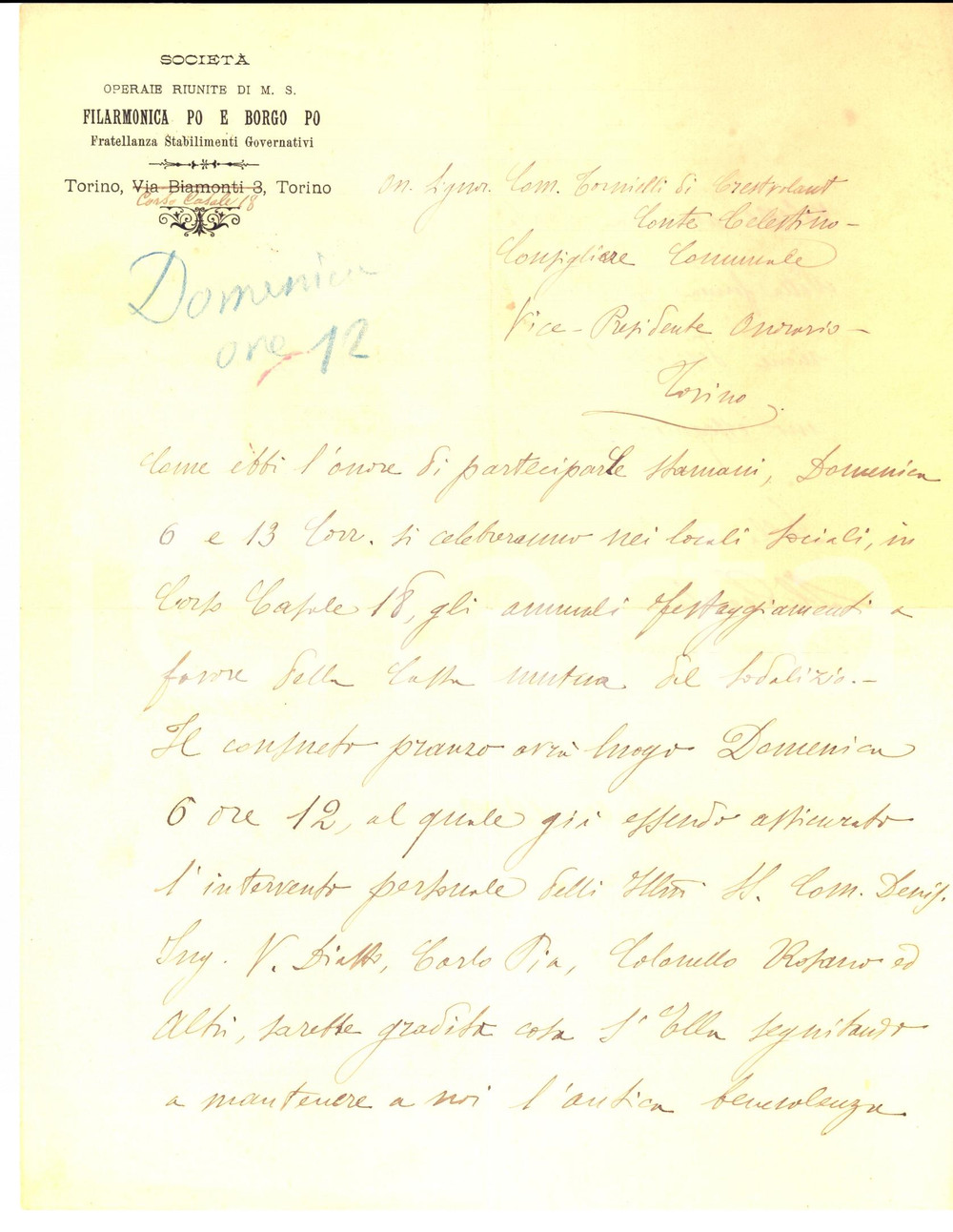 Manoscritto, lettera originale 1902 TORINO Pranzo annuale Società FILARMONICA PO e BORGO PO Lettera 1