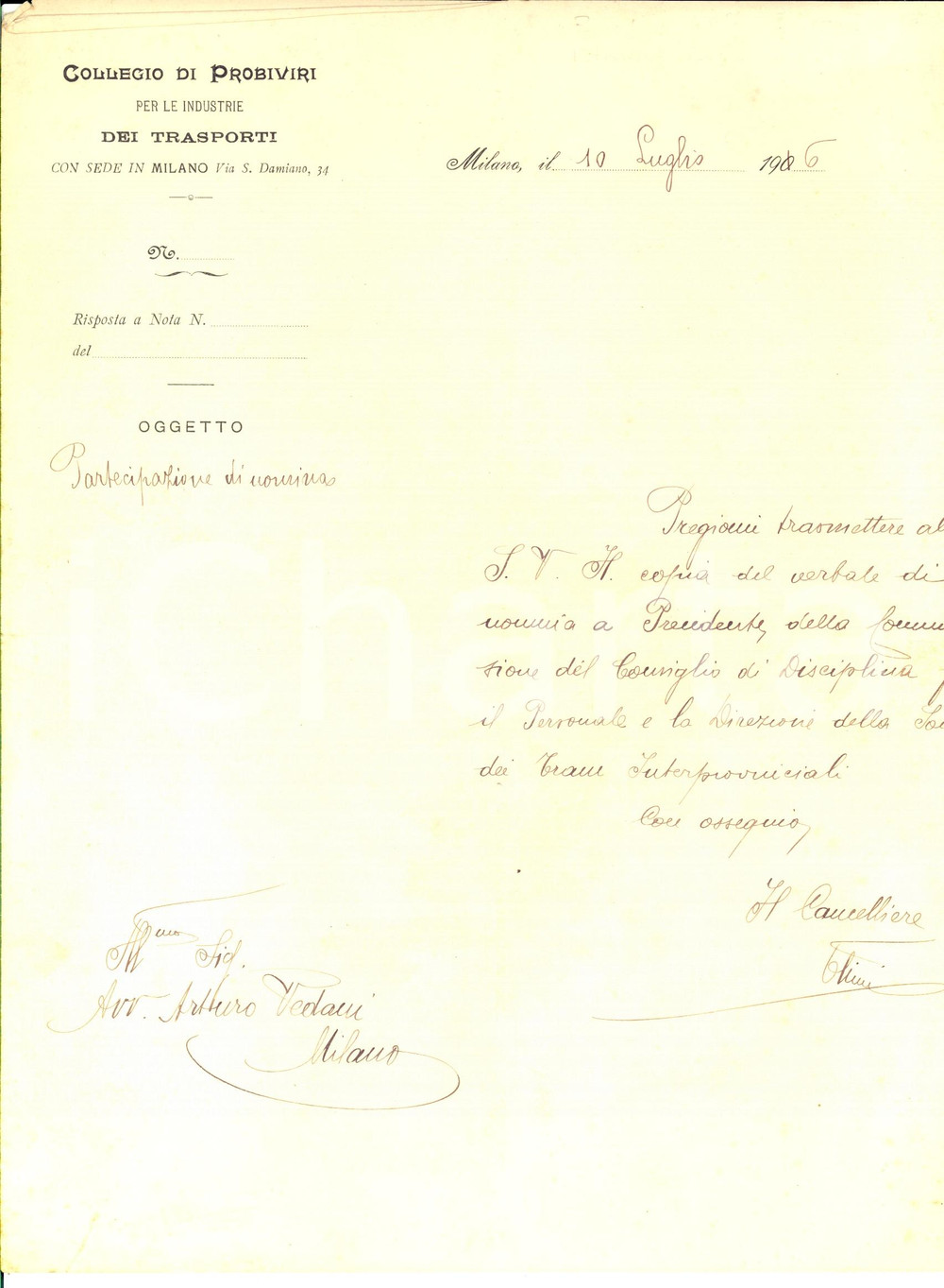 Manoscritto, lettera originale 1906 MILANO Arturo VEDANI nuovo presidente commissione Industrie dei TRASPORTI 1
