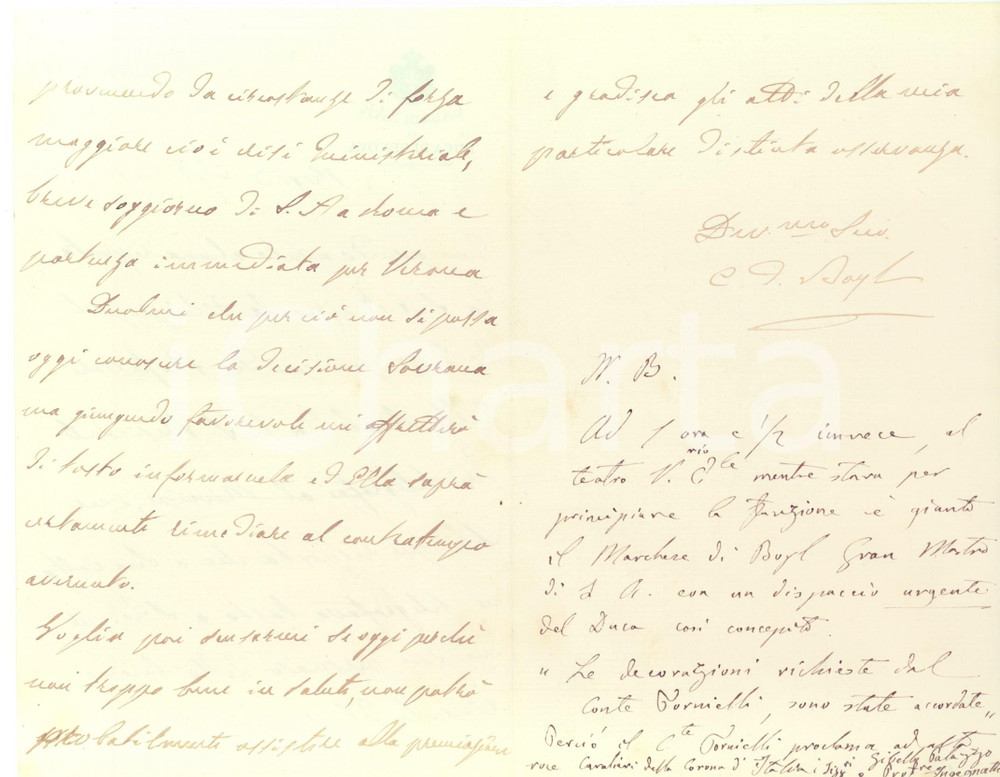 Autografo originale 1892 TORINO Casa DUCA DI GENOVA Marchese Carlo Felice DI BOYL su decorazioni 1